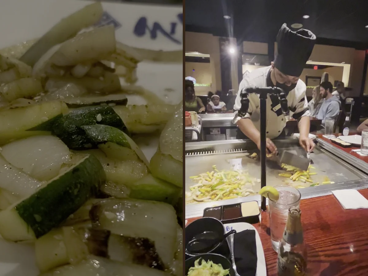 Sizzling hibachi grill with plated Japanese entrées.