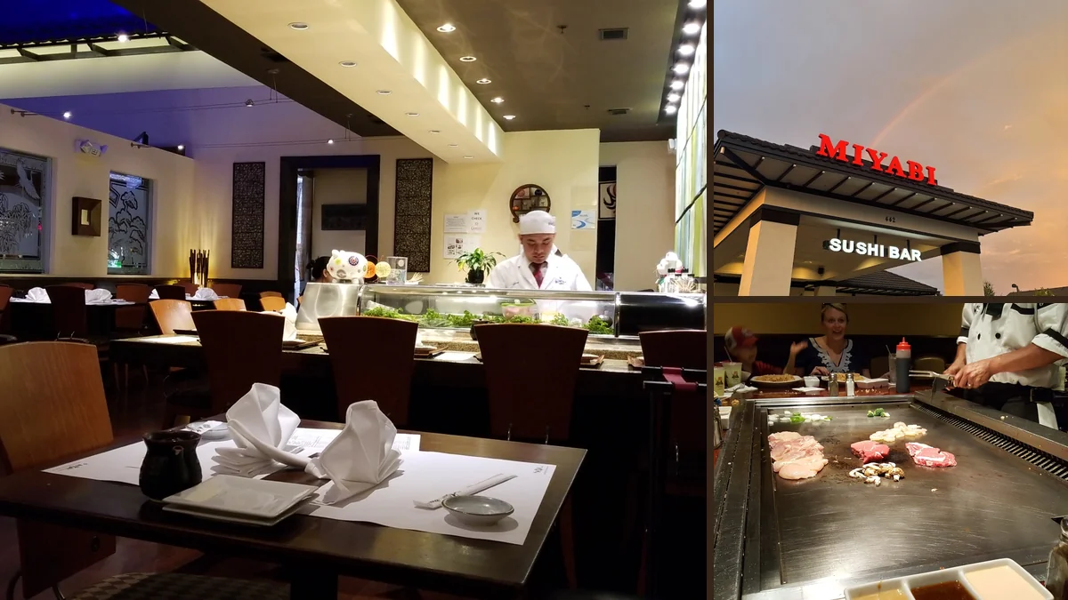 Sushi bar and steakhouse seating inside.
